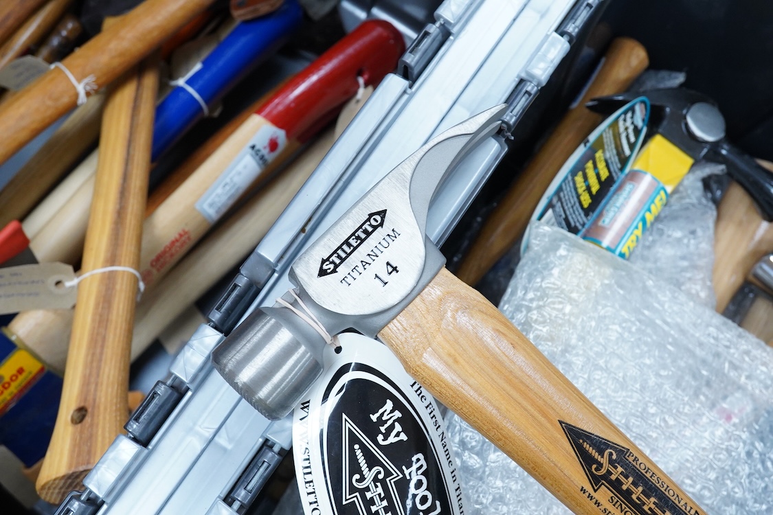 A collection of heavy duty hammers, framing hammers, and axes, including; 13 hammers by Vaughan, U.S.A., plus nine others by Stiletto, etc., and 14 carpenters axes and hatchets by James Howarth, Gransfars Bruks, Agdor of